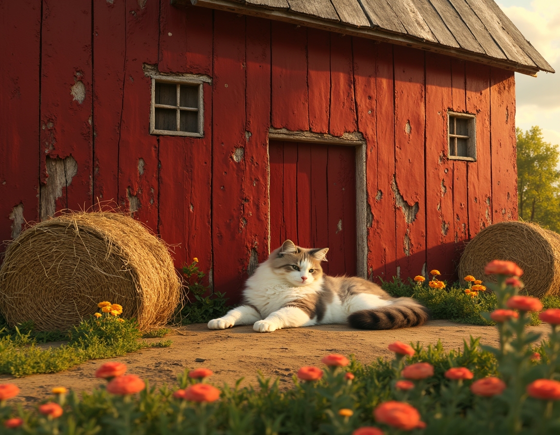 Cat rests peacefully near a barn, enjoying the tranquility of the countryside.